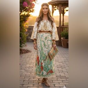 Emily Wetherby Silk Paisley Wrap Maxi Skirt Gold Metallic Boho Glam Luxury